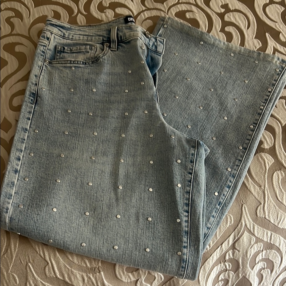 Dkny Blue Flare Wide Leg Jeans with Sparkling Details